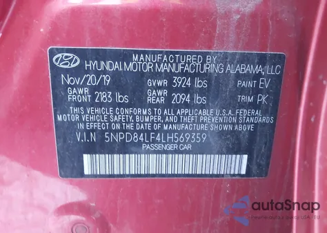 2020 Hyundai Elantra Sel из США, поврежденный, VIN 5NPD84LF4LH569359